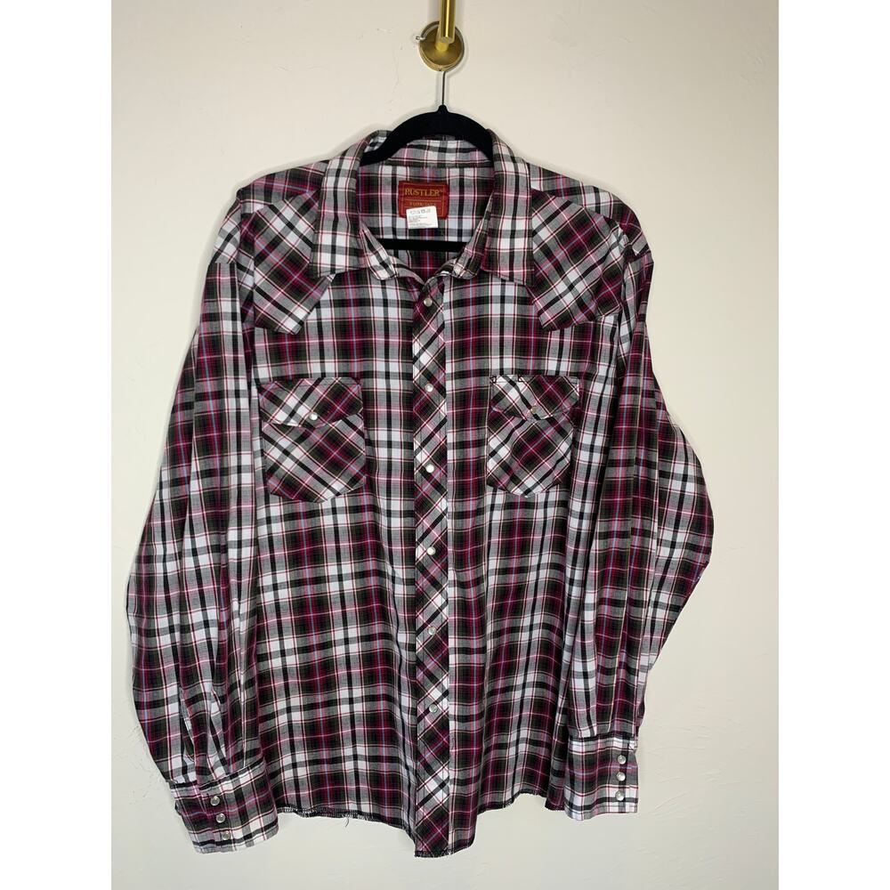 Rustler  X Long Tails Plaid Pearl Snap Western Shirt Sz XXL Red Black